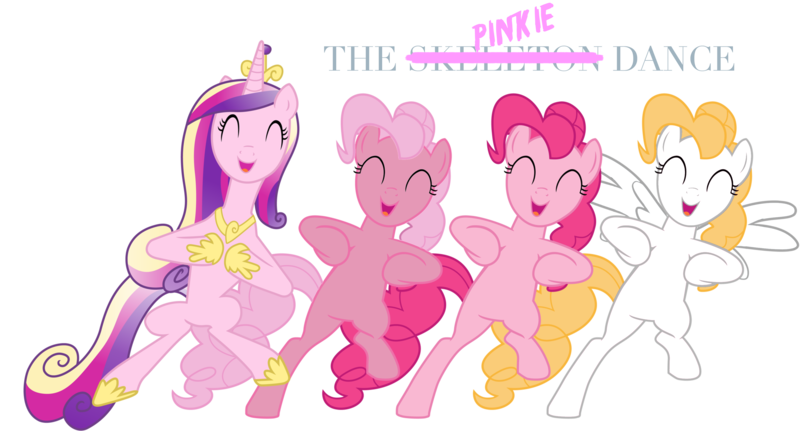 Size: 3900x2100 | Tagged: safe, artist:midasesquivel, derpibooru import, pinkie pie, princess cadance, surprise, pony, a canterlot wedding, adoraprise, bipedal, chicken dance, comedy, cute, cutedance, dancing, diapinkes, eyes closed, g1, g1 to g4, g3, g3 to g4, generation leap, open mouth, parody, simple background, skeleton dance, smiling, transparent background, vector