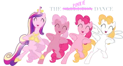 Size: 3900x2100 | Tagged: safe, artist:midasesquivel, derpibooru import, pinkie pie, princess cadance, surprise, pony, a canterlot wedding, adoraprise, bipedal, chicken dance, comedy, cute, cutedance, dancing, diapinkes, eyes closed, g1, g1 to g4, g3, g3 to g4, generation leap, open mouth, parody, simple background, skeleton dance, smiling, transparent background, vector