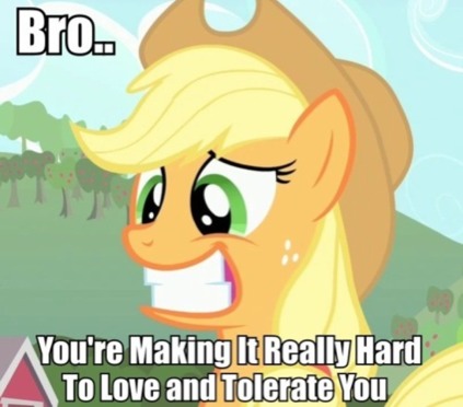 Size: 423x372 | Tagged: applejack, bad poker face, caption, derpibooru import, edit, edited screencap, image macro, love and tolerance, party of one, reaction image, safe, screencap