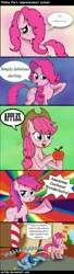 Size: 1397x5133 | Tagged: safe, artist:mrfulp, derpibooru import, pinkie pie, rainbow dash, earth pony, pegasus, pony, alternate hairstyle, apple, comic, dialogue, eyes closed, fake horn, female, food, hat, hilarious in hindsight, impressions, laughing, mare, speech bubble