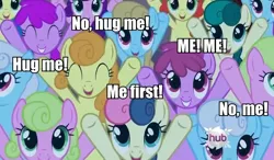 Size: 662x386 | Tagged: safe, derpibooru import, edit, edited screencap, screencap, berry punch, berryshine, bluebonnet, bon bon, carrot top, daisy, flower wishes, gloriosa daisy, golden harvest, shoeshine, strawberry sunrise, sweetie drops, unnamed pony, earth pony, pegasus, pony, hearth's warming eve (episode), adorabon, background pony, background pony audience, berrybetes, blue bon, bronybait, cheering, clones, coca melody, coconut melody, crowd, cute, cutie top, female, hearth's warming eve, hub logo, hug, hug request, image macro, impact font, mare, merry melody, not bon bon, pink cola, purple rainbow, recolor, strawwberry sunrise, the hub, tree stump (character), yellow blueberry, yellow melody