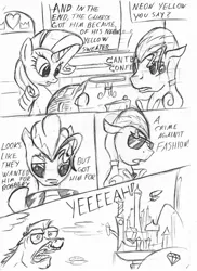 Size: 930x1280 | Tagged: safe, artist:taharon, derpibooru import, bulk biceps, hoity toity, rarity, roid rage, earth pony, pegasus, pony, unicorn, airship, background pony, canterlot, comic, csi, csi miami, female, male, mare, meme, monochrome, stallion, sunglasses, yeah