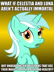 Size: 625x833 | Tagged: conspiracy, conspiracy lyra, derpibooru import, exploitable meme, image macro, lich, lyra heartstrings, meme, princess celestia, princess luna, safe