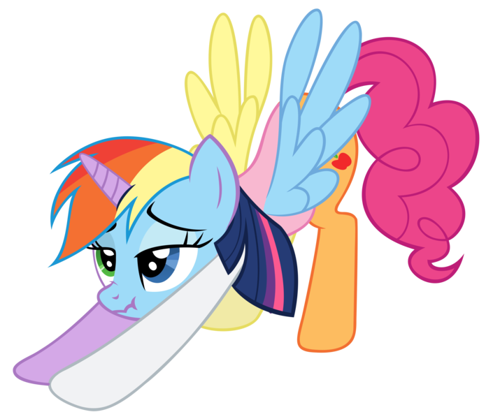 Size: 4000x3357 | Tagged: safe, derpibooru import, applejack, fluttershy, pinkie pie, rainbow dash, rarity, twilight sparkle, chimera, pony, appleflaritwidashpie, bedroom eyes, exploitable meme, fusion, heterochromia, iwtcird, mane six, scrunchy face, simple background, stretching, transparent background, vector, what has science done