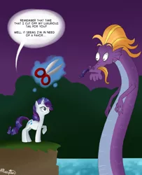 Size: 856x1053 | Tagged: safe, artist:musapan, derpibooru import, rarity, steven magnet, pony, sea serpent, unicorn, friendship is magic, hilarious in hindsight, magic, scissors, telekinesis