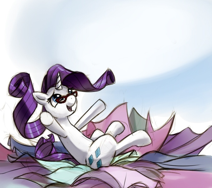 Size: 882x782 | Tagged: artist:gsphere, derpibooru import, fabric, falling, glasses, rarity, safe, solo