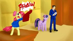 Size: 900x506 | Tagged: ace attorney, apple bloom, artist:ruly-tasho, crossover, derpibooru import, gloves, human, objection, phoenix wright, safe, turnabout storm, twilight sparkle