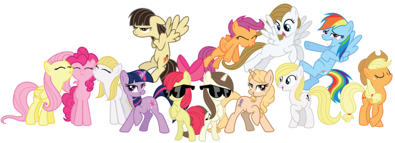 Size: 11000x4000 | Tagged: safe, artist:midnight--blitz, derpibooru import, apple bloom, applejack, fluttershy, pinkie pie, rainbow dash, scootaloo, twilight sparkle, wild fire, oc, oc:taralicious, ponified, earth pony, pegasus, pony, unicorn, andrea libman, apple bloom's bow, applejack's hat, ashleigh ball, bipedal, bow, cowboy hat, crossed arms, eyes closed, female, filly, flying, grin, hair bow, hat, madeleine peters, mane bow, mare, michelle creber, puffy cheeks, raised hoof, scootaloo can fly, self ponidox, sibsy, simple background, smiling, sunglasses, tara strong, transparent background, unamused, unicorn twilight, vector, voice actor, wild fire is not amused, wip