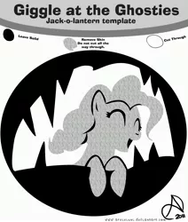 Size: 3000x3535 | Tagged: safe, artist:arshnessdreaming, derpibooru import, pinkie pie, earth pony, pony, friendship is magic, design, grayscale, halloween, holiday, jack-o-lantern, laughter song, monochrome, printable, pumpkin carving, pumpkin stencil, smiling, solo, stencil