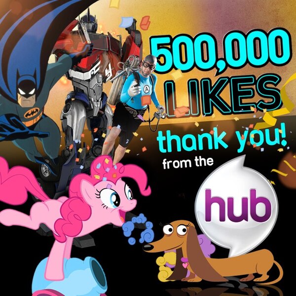 Size: 700x700 | Tagged: aquabats, batman, derpibooru import, facebook, hubble, hub logo, official, optimus prime, pinkie pie, pound puppies, safe, strudel, the hub, transformers