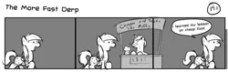 Size: 1280x404 | Tagged: safe, artist:tetrapony, derpibooru import, derpy hooves, oc, pegasus, pony, comic:the daily derp, comic, duo, female, mare, monochrome, muffin