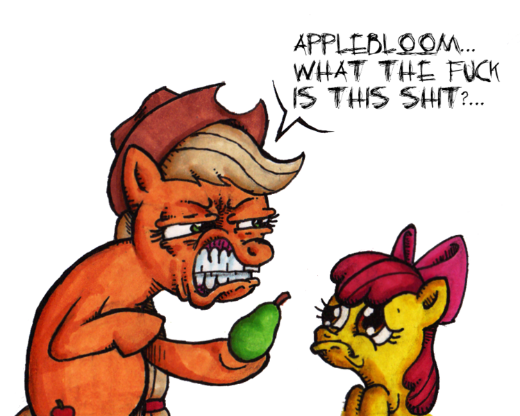 Size: 875x701 | Tagged: apple bloom, applejack, artist:darkone10, derpibooru import, dishonorapple, hilarious in hindsight, pear, safe, simple background, that pony sure does hate pears, transparent background, vulgar