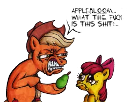 Size: 875x701 | Tagged: apple bloom, applejack, artist:darkone10, derpibooru import, dishonorapple, hilarious in hindsight, pear, safe, simple background, that pony sure does hate pears, transparent background, vulgar