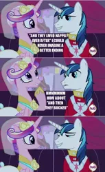 Size: 496x810 | Tagged: a canterlot wedding, bedroom eyes, carriage, clothes, derpibooru import, dress, edit, edited screencap, female, honeymoon talk, hub logo, image macro, looking at each other, male, princess cadance, safe, screencap, shining armor, shiningcadance, shipping, straight, wedding dress, wedding veil