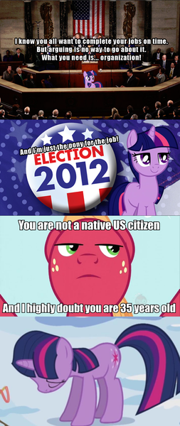 Size: 500x1187 | Tagged: safe, derpibooru import, big macintosh, twilight sparkle, earth pony, pony, american flag, comic, image macro, male, meme, politics, president, sad, serious mac, stallion