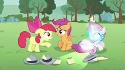 Size: 993x559 | Tagged: apple bloom, cutie mark crusaders, derpibooru import, edit, edited screencap, featherweight, glowing eyes, hat, ponyville confidential, safe, scootaloo, screencap, sweetie belle