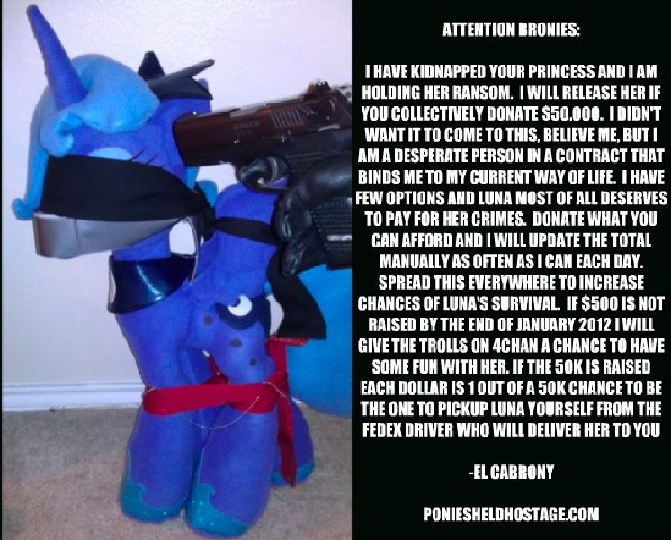 Size: 746x600 | Tagged: abuse, artist needed, ballgag, blindfold, bound, derpibooru import, gag, gun, hostage, irl, lunabuse, photo, plushie, princess luna, safe, text