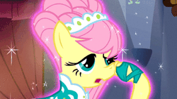 Size: 427x240 | Tagged: alternate hairstyle, animated, body control, derpibooru import, fluttershy, green isn't your color, hoof shoes, magic, magic aura, majestic as fuck, modelshy, nose picking, safe, screencap, solo, sparkles