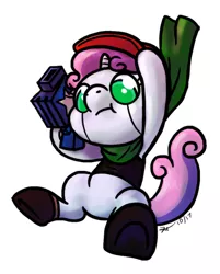 Size: 365x454 | Tagged: safe, artist:zicygomar, derpibooru import, sweetie belle, pony, robot, unicorn, cave story, female, filly, foal, hooves, horn, quote (cave story), simple background, solo, sweetie bot, weapon, white background