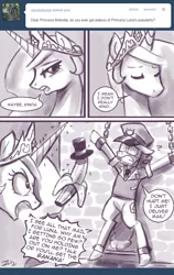 Size: 550x873 | Tagged: suggestive, artist:johnjoseco, derpibooru import, post haste, princess celestia, alicorn, pony, ask princess molestia, princess molestia, ask, banana, bondage, comic, hat, mailpony, monochrome, top hat, torture, tumblr