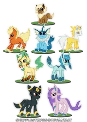 Size: 900x1258 | Tagged: artist:shufflestripes, derpibooru import, eevee, eeveelutions, espeon, flareon, glaceon, jolteon, leafeon, pokémon, ponified, safe, simple background, transparent background, umbreon, vaporeon