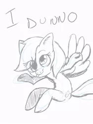 Size: 600x800 | Tagged: safe, artist:nolycs, derpibooru import, derpy hooves, pegasus, pony, anatomically incorrect, female, grayscale, incorrect leg anatomy, mare, monochrome, shrug, sketch, solo, tongue out