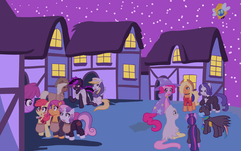 Size: 1680x1050 | Tagged: safe, artist:jake heritagu, derpibooru import, apple bloom, applejack, berry punch, berryshine, fluttershy, pinkie pie, rainbow dash, rarity, scootaloo, sweetie belle, twilight sparkle, ghost, parasprite, pony, batman, batmare, cheese, clothes, costume, cutie mark crusaders, food, nightmare night, sherlock holmes