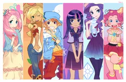 Size: 1000x652 | Tagged: applejack, artist:joodlez, clothes, derpibooru import, dress, fluttershy, hat, hoodie, humanized, jeans, line-up, mane six, pinkie pie, poster, rainbow dash, rarity, safe, skirt, twilight sparkle