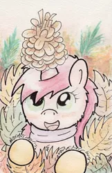 Size: 734x1136 | Tagged: artist:slightlyshade, autumn, clothes, derpibooru import, leaves, pinecone, ruby pinch, safe, scarf, solo, traditional art