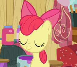 Size: 400x348 | Tagged: animated, apple bloom, clubhouse, cropped, crusaders clubhouse, derpibooru import, hearts and hooves day, hearts and hooves day (episode), loop, nodding, safe, screencap, solo