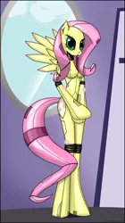 Size: 1832x3272 | Tagged: anthro, arm hooves, bodysuit, breasts, busty fluttershy, commission, derpibooru import, female, flutterbot, fluttershy, part of a set, robot, safe, skinny, solo, unguligrade anthro