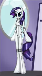 Size: 1833x3273 | Tagged: anthro, arm hooves, artist:rosvo, artist:rosvo, bodysuit, breasts, busty rarity, commission, derpibooru import, female, part of a set, raribot, rarity, robot, safe, skinny, solo, unguligrade anthro
