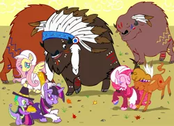 Size: 2292x1667 | Tagged: safe, artist:termanianstar, derpibooru import, chief thunderhooves, little strongheart, pinkie pie, spike, twilight sparkle, buffalo, dragon, earth pony, pegasus, pony, unicorn, clothes, dancing, food, pie, unicorn twilight, western