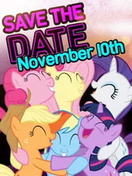Size: 600x800 | Tagged: safe, derpibooru import, official, applejack, fluttershy, pinkie pie, rainbow dash, rarity, twilight sparkle, season 3, announcement, applejack's hat, cowboy hat, discovery family, discovery kids, happy, hat, hug, hype, image, jpeg, mane six, nostalgia, november, pony history, release date, text, the hub