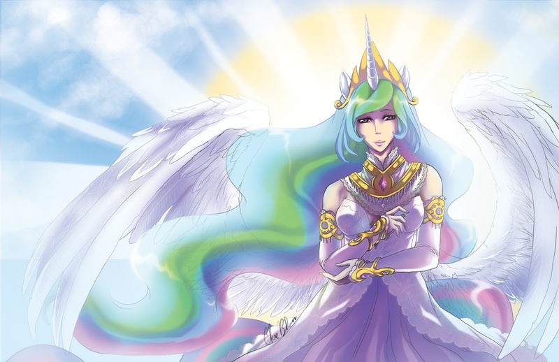 Size: 1224x792 | Tagged: artist:spoonfulofcats, derpibooru import, eared humanization, horned humanization, humanized, princess celestia, safe, solo, sun, winged humanization