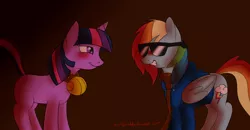 Size: 3162x1639 | Tagged: safe, artist:my-little-brony, derpibooru import, rainbow dash, twilight sparkle, blind dash, blind rainbow dash, female, leash, lesbian, shipping, twidash