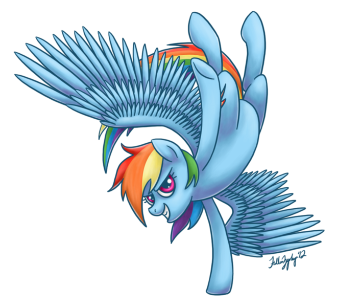 Size: 800x727 | Tagged: dead source, safe, artist:fallenzephyr, derpibooru import, rainbow dash, pegasus, pony, female, grin, handstand, looking at you, mare, signature, simple background, smiling, solo, spread wings, transparent background, upside down, wings
