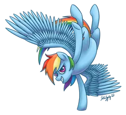Size: 800x727 | Tagged: dead source, safe, artist:fallenzephyr, derpibooru import, rainbow dash, pegasus, pony, female, grin, handstand, looking at you, mare, signature, simple background, smiling, solo, spread wings, transparent background, upside down, wings