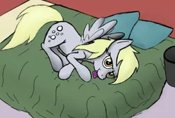 Size: 2066x1385 | Tagged: suggestive, artist:mostlyponyart, derpibooru import, derpy hooves, pegasus, pony, bed, bedroom eyes, condom, condom in mouth, female, laying on bed, looking at you, lying down, mare, mouth hold, on bed, pillow, side