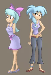 Size: 542x792 | Tagged: artist:ric-m, bow, breasts, clothes, cloudchaser, derpibooru import, duo, feet, female, flats, flitter, gray background, hair bow, human, humanized, pants, safe, sandals, shirt, shoes, simple background, smiling, toes