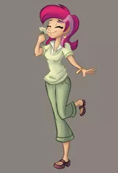 Size: 542x792 | Tagged: artist:ric-m, cute, cuteluck, derpibooru import, ear piercing, earring, eyes closed, feet, female, flower, gray background, human, humanized, jewelry, piercing, roseluck, safe, sandals, simple background, smiling, solo, toes