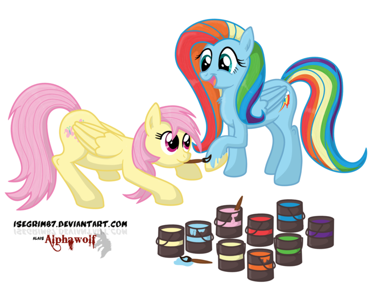 Size: 1500x1200 | Tagged: artist:isegrim87, derpibooru import, fluttershy, paint, painting characters, paint in hair, paint on feathers, paint on fur, rainbow dash, recolor, role reversal, safe