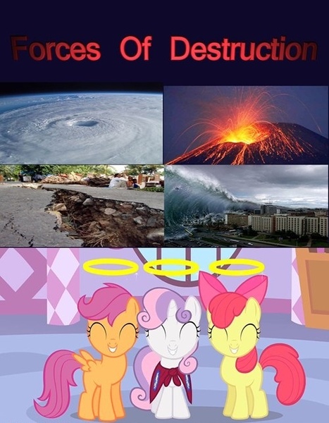 Size: 500x643 | Tagged: apple bloom, cutie mark crusaders, derpibooru import, earthquake, halo, hurricane, safe, scootaloo, sweetie belle, sweet little angels, tidal wave, tsunami, volcano