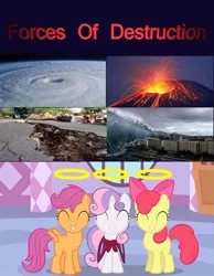 Size: 500x643 | Tagged: apple bloom, cutie mark crusaders, derpibooru import, earthquake, halo, hurricane, safe, scootaloo, sweetie belle, sweet little angels, tidal wave, tsunami, volcano