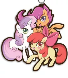 Size: 350x400 | Tagged: safe, derpibooru import, apple bloom, scootaloo, sweetie belle, earth pony, pegasus, pony, unicorn, bow, charm, cutie mark crusaders, female, filly, hair bow, looking at you, trio