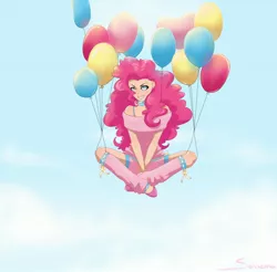 Size: 2504x2468 | Tagged: artist:seismopac, balloon, derpibooru import, humanized, leg warmers, pinkie pie, safe, source needed, then watch her balloons lift her up to the sky, useless source url