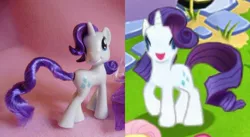 Size: 800x439 | Tagged: comparison, derpibooru import, gameloft, irl, photo, quick, quick toys, rarity, safe, toy