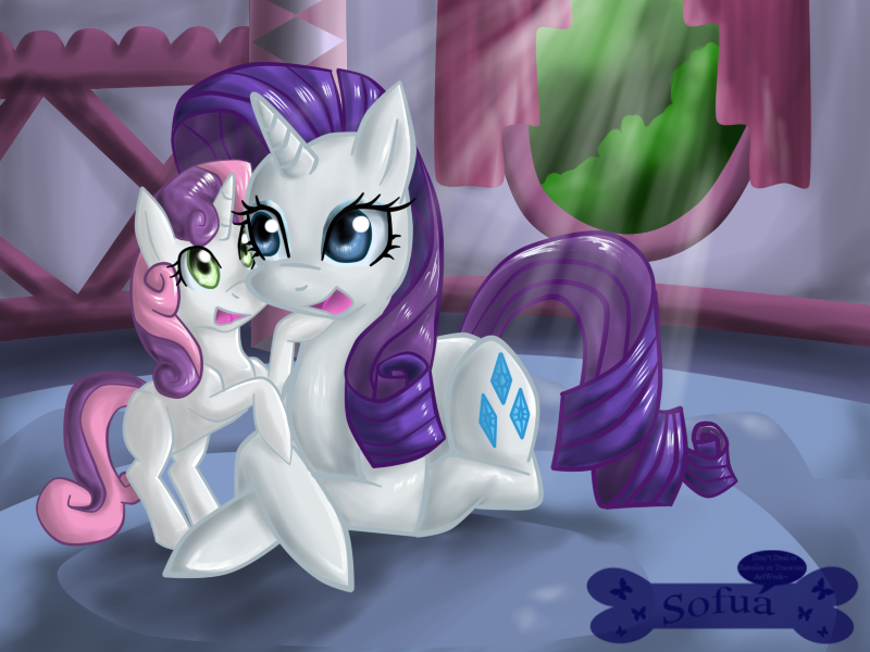 Size: 800x600 | Tagged: safe, artist:sofua, derpibooru import, rarity, sweetie belle, pony, unicorn, duo, duo female, female, filly, mare, open mouth, sisters