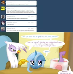 Size: 1280x1302 | Tagged: safe, derpibooru import, gilda, spike, trixie, gryphon, ask stalker trixie, ask