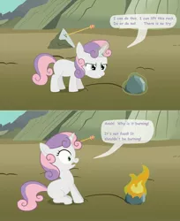 Size: 2500x3068 | Tagged: arrow, artist:birdco, comic, derpibooru import, epic fail, fail, fire, how, magic, physically impossible, pyro belle, rock, safe, sweetie belle, sweetie fail, this will end in fire